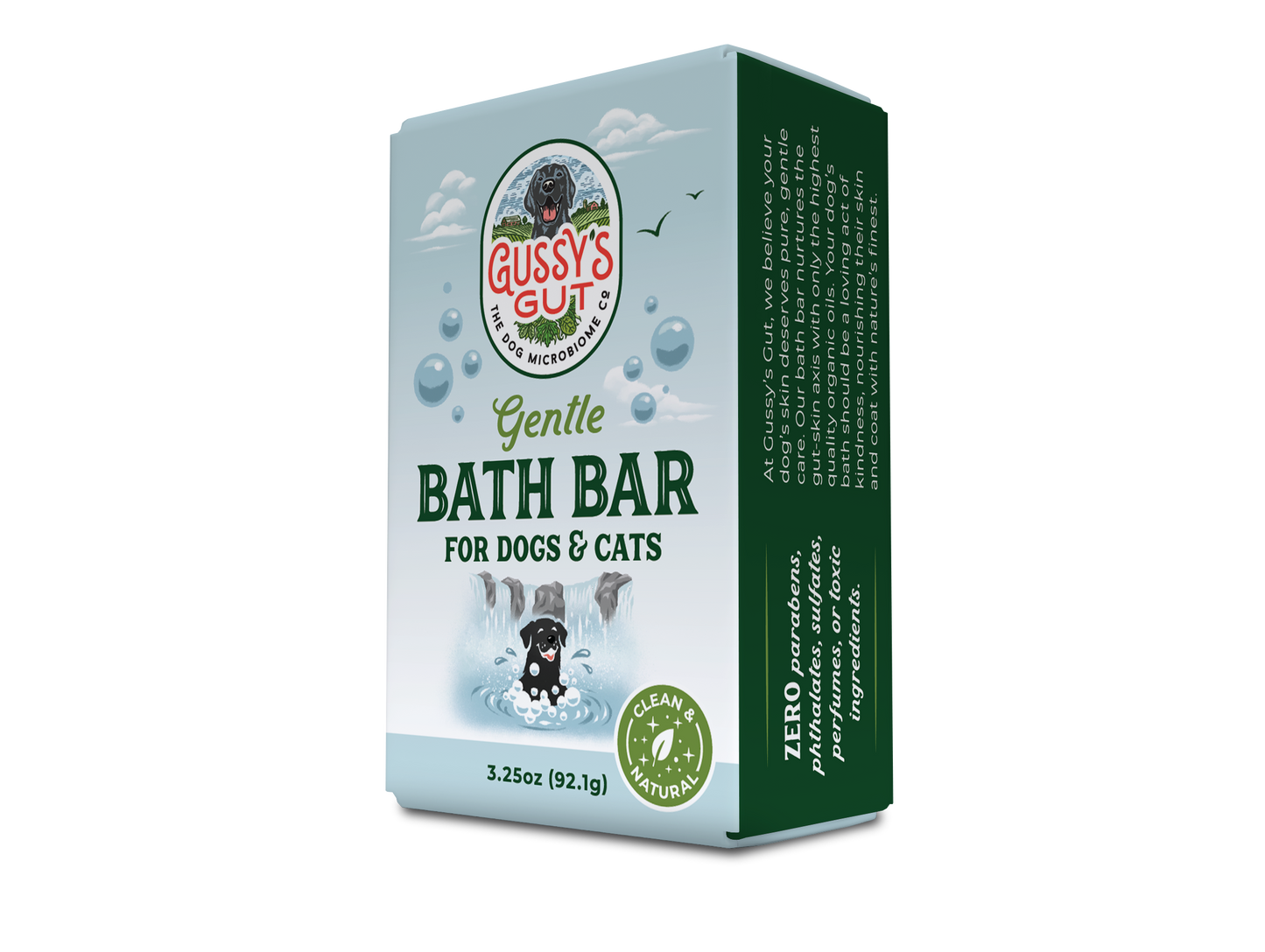 Organic dog and cat bath bar in light blue packaging with a black dog illustration, bubbles, and green accents, supporting...
