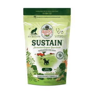 Gussy's Cut Sustain supplement package for dogs on a white background