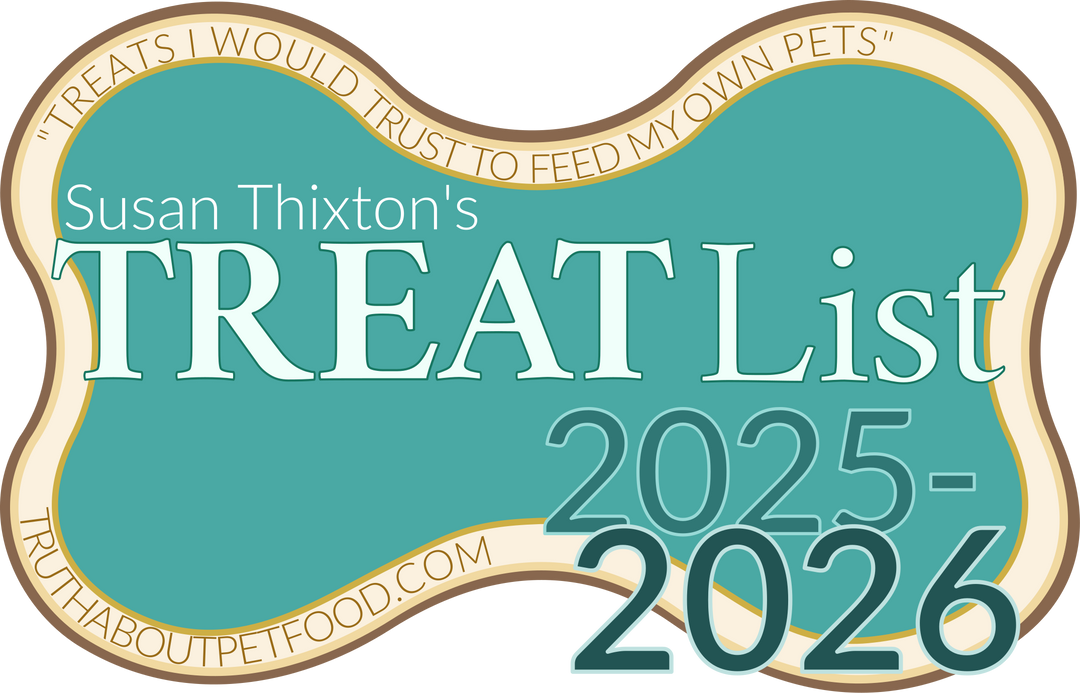 Badge for Susan Thixon's Treat List 2025-2026, organic fermented superfood treats for dogs supporting gut health.