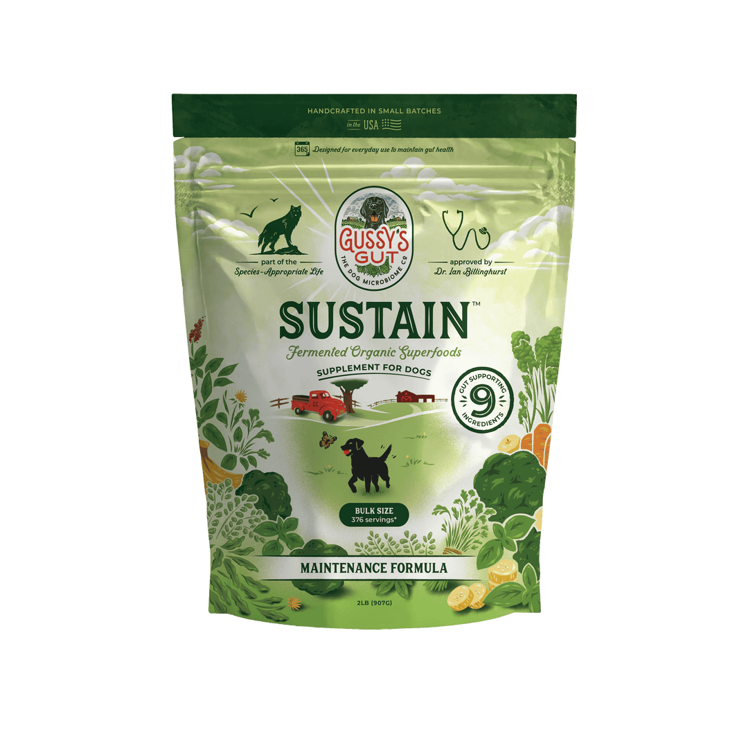 Sustain™ by Gussy's Gut is a bulk-sized bag of fermented organic superfoods for dogs, featuring a green design.