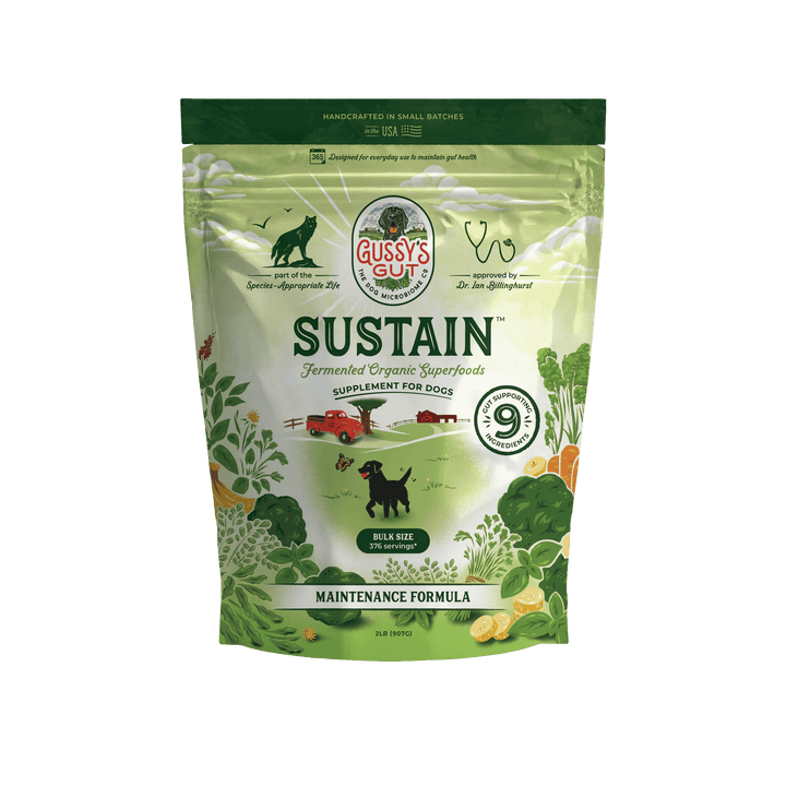 Sustain™ by Gussy's Gut is a bulk-sized bag of fermented organic superfoods for dogs, featuring a green design.