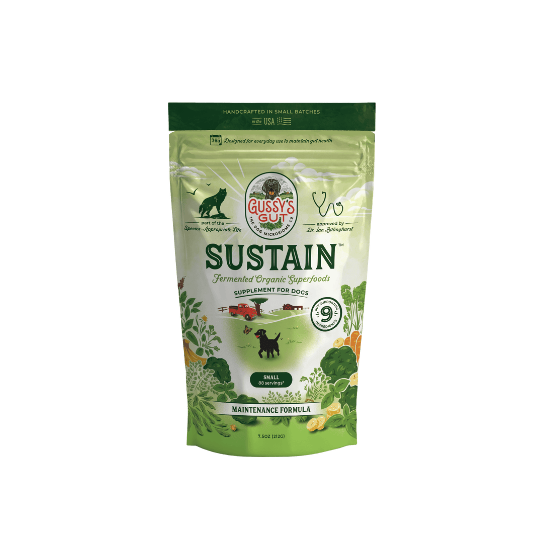 Sustain™ dog supplement bag featuring organic superfoods, designed for small dogs and labeled as a maintenance formula.