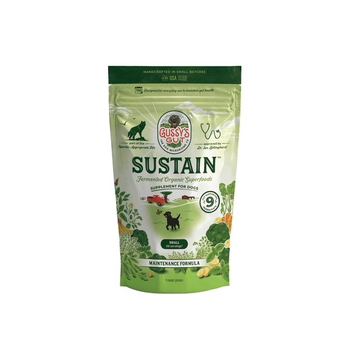 Sustain™ dog supplement bag featuring organic superfoods, designed for small dogs and labeled as a maintenance formula.