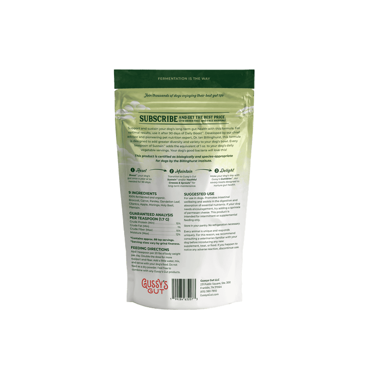 Back packaging of Sustain™ showing ingredients, usage instructions, and subscription details for Gussy's Gut product.