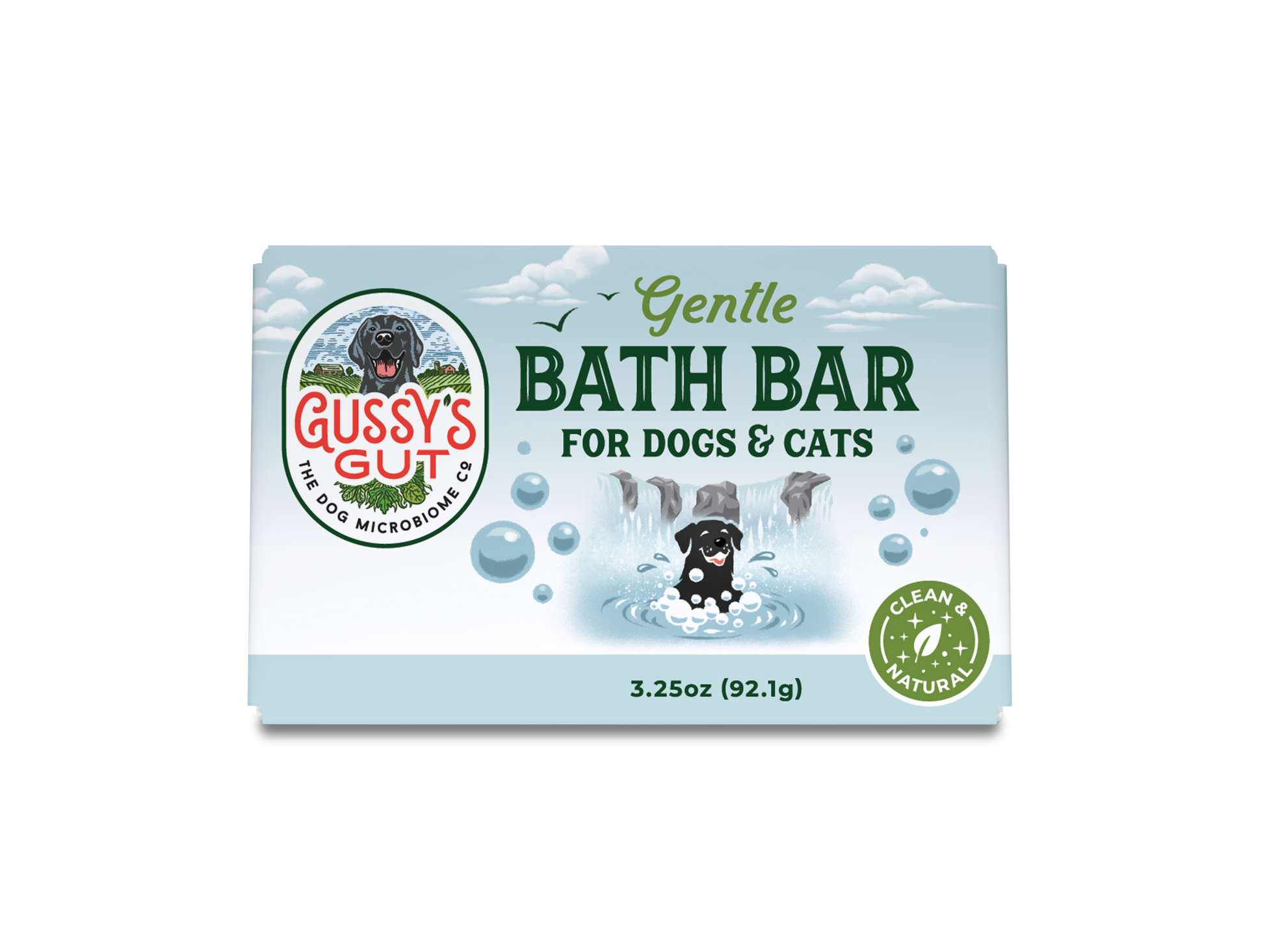 Organic dog and cat bath bar in light blue packaging with a playful illustration of a dog bathing under waterfalls, labele...