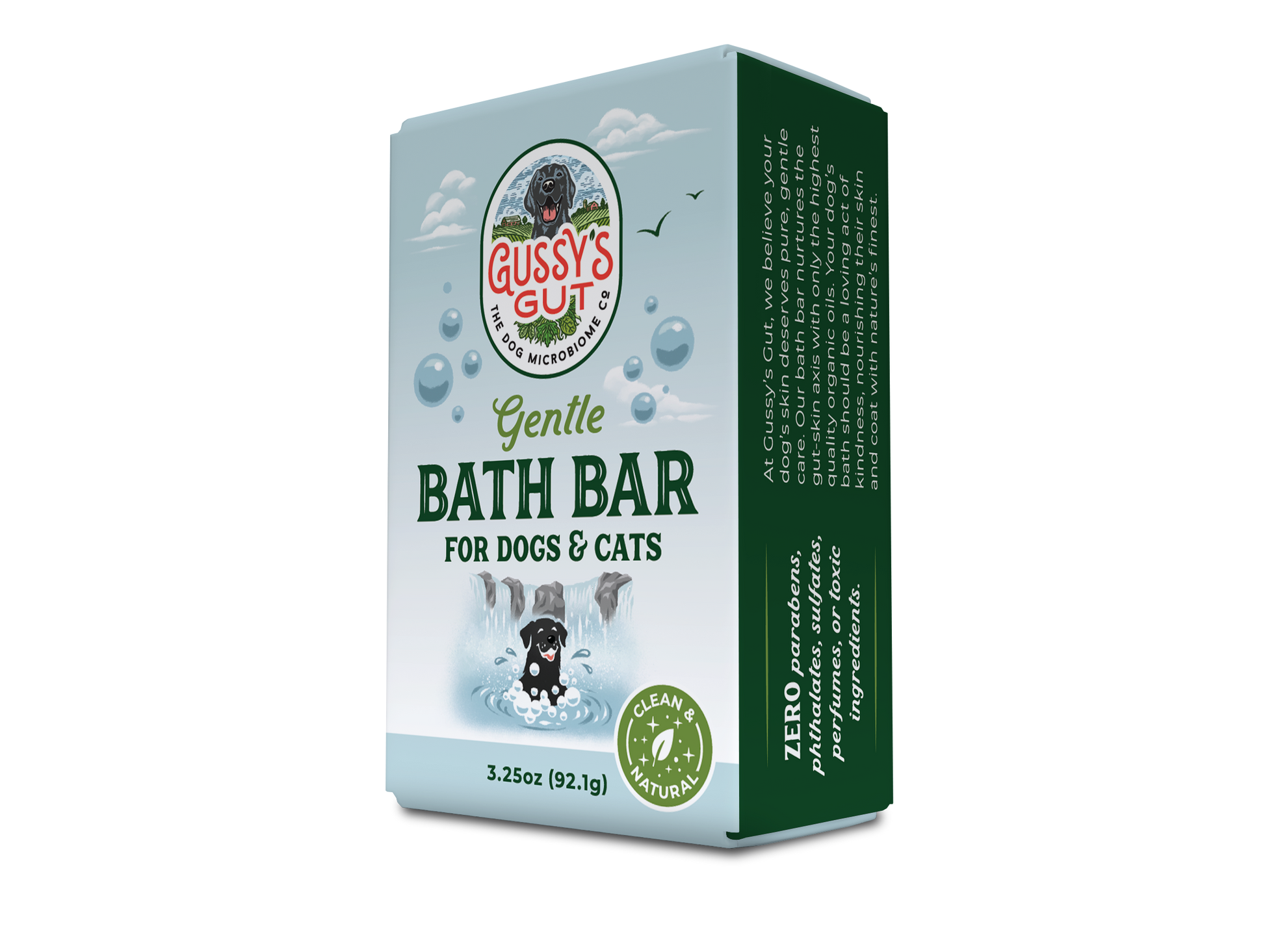 Organic dog and cat bath bar in light blue packaging with a black dog illustration, bubbles, and green accents, supporting...