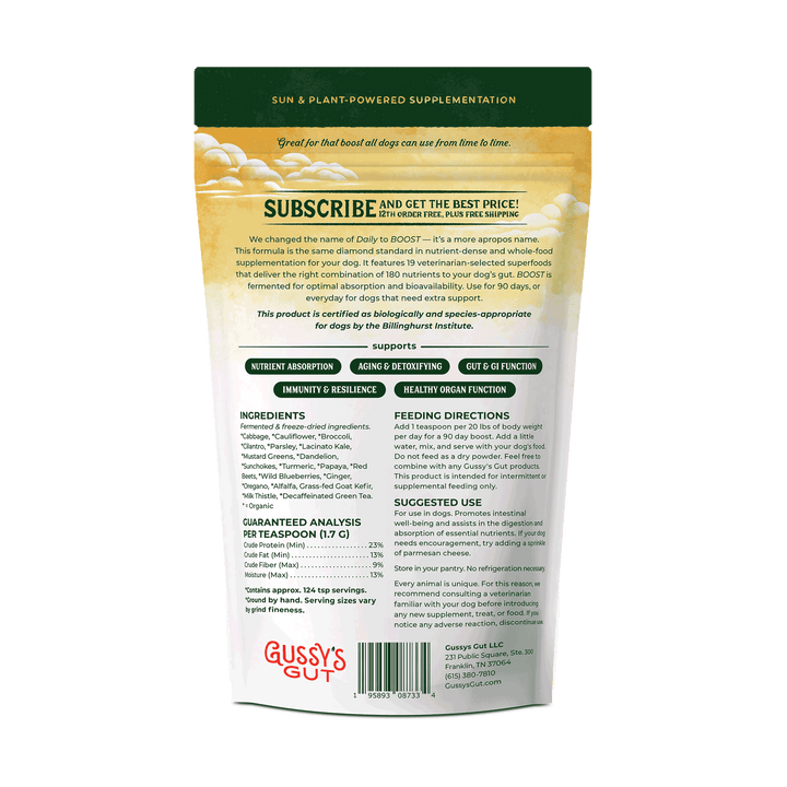 Back view of a Gussy's Gut supplement package with text and branding.