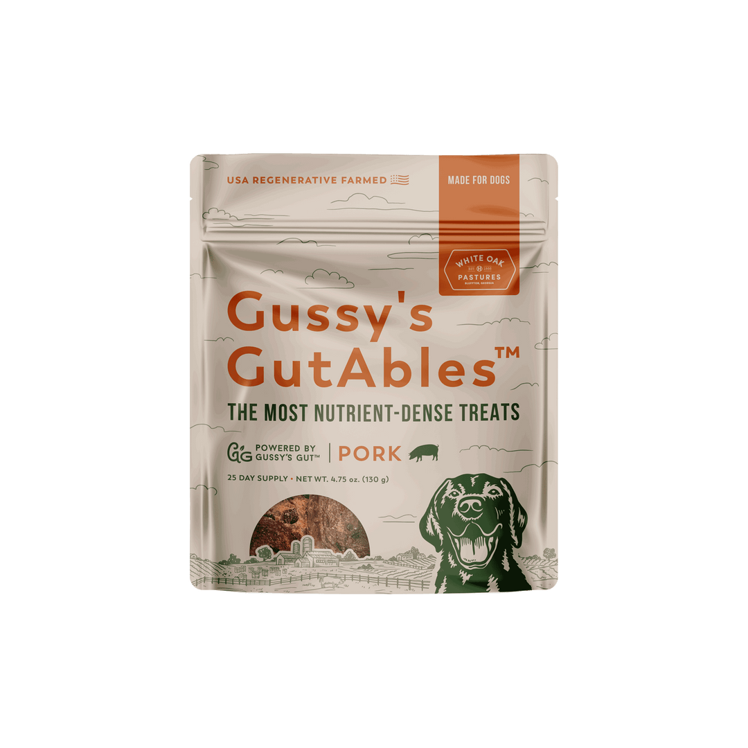 Gussy's GutAbles dog treat package on a white background