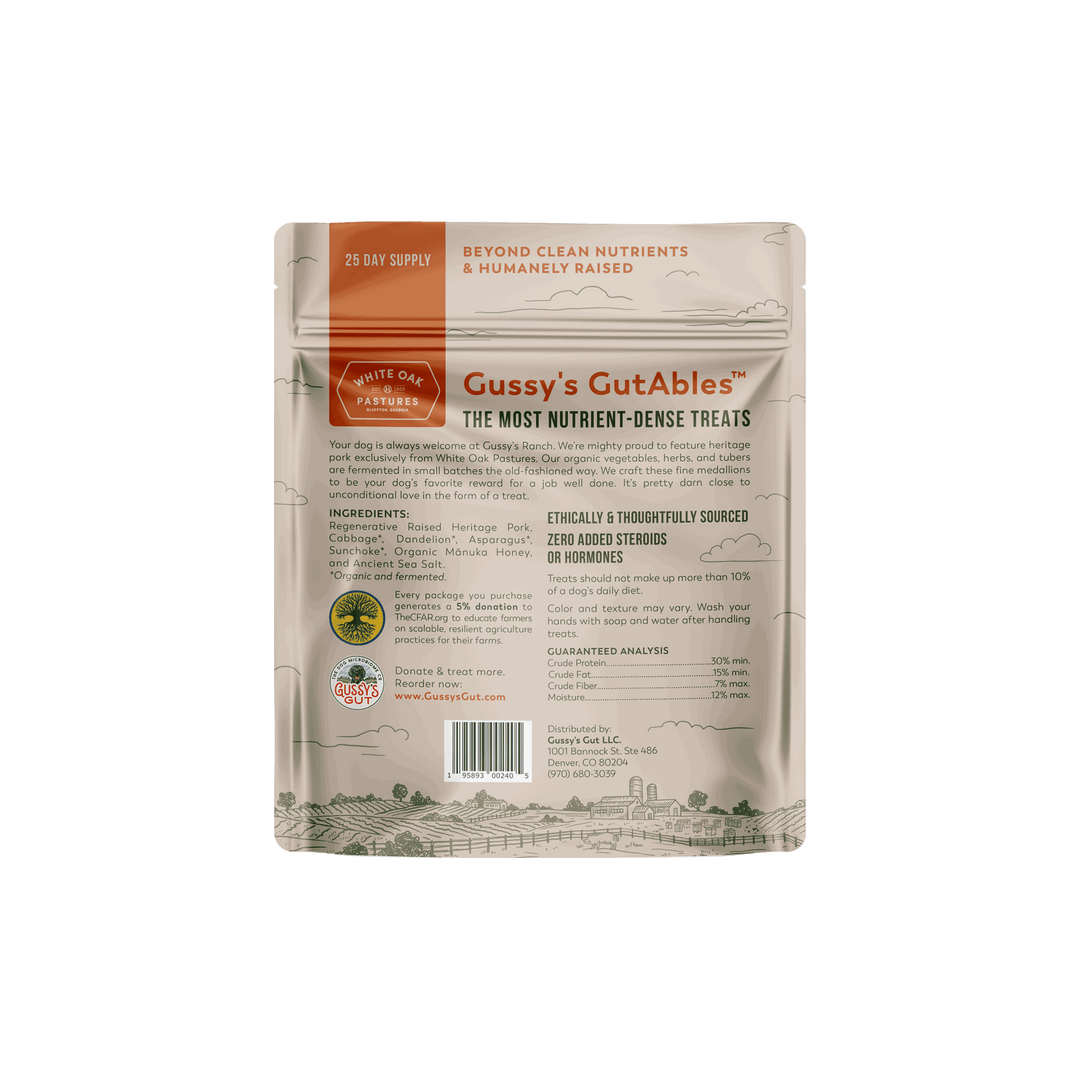 Gussy's GutAbles pet treat package on a white background