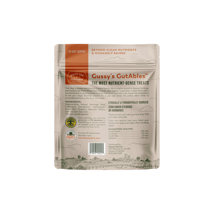 Gussy's GutAbles pet treat package on a white background