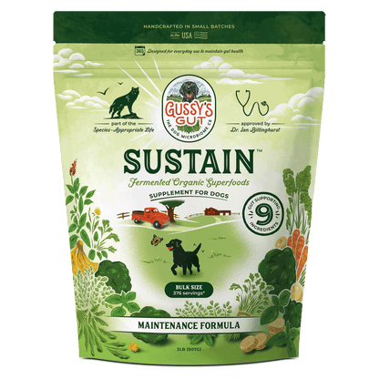 Gussy's Gut Sustain supplement package for dogs on a white background