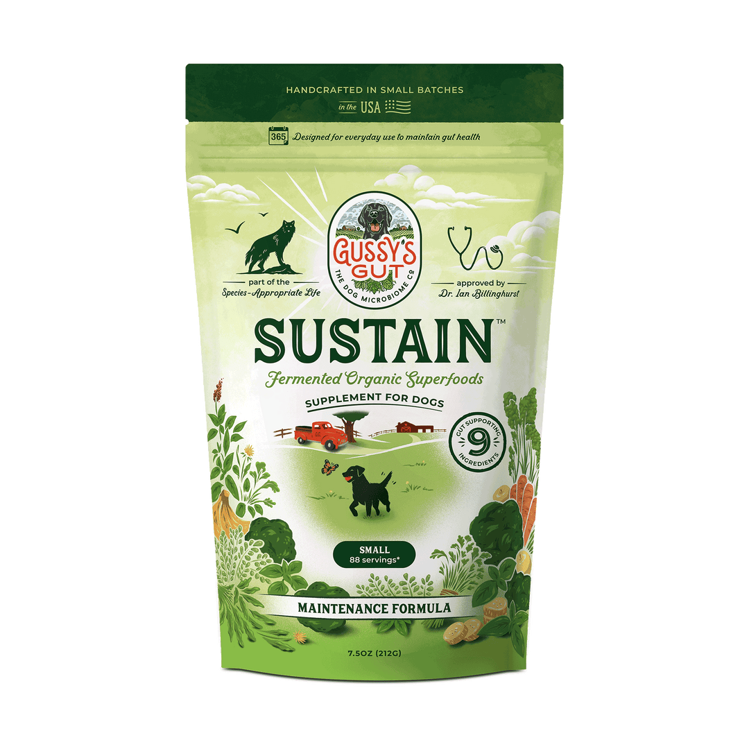 Gussy's Cut Sustain supplement package for dogs on a white background