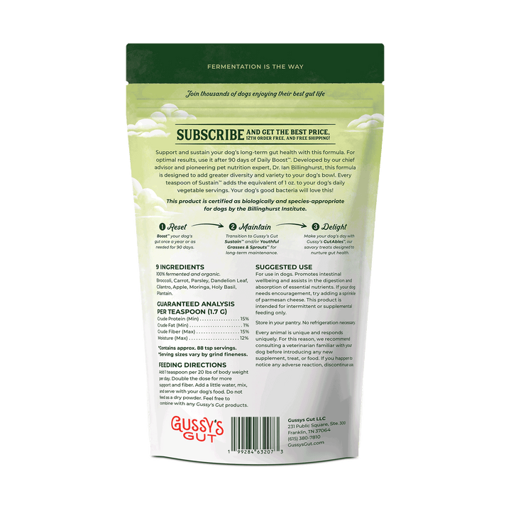 Back view of a Gussy's Gut product packaging with text and branding.