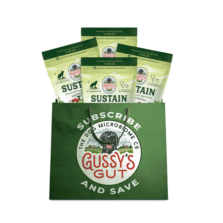 Green Gussy's Gut subscription bag with multiple packages on a white background
