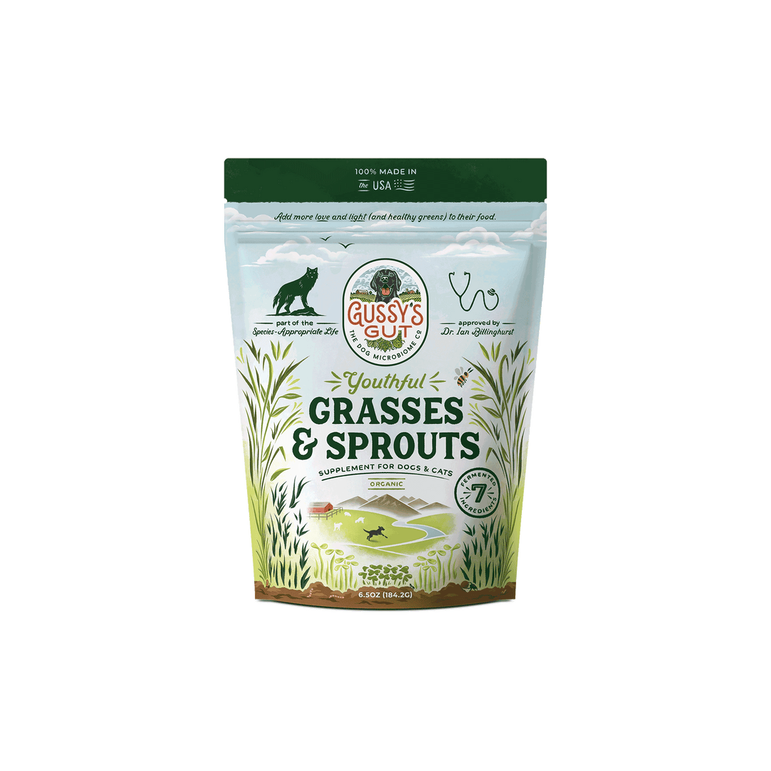 Gussy's Gut Youthful Grasses & Sprouts pet food package on a white background