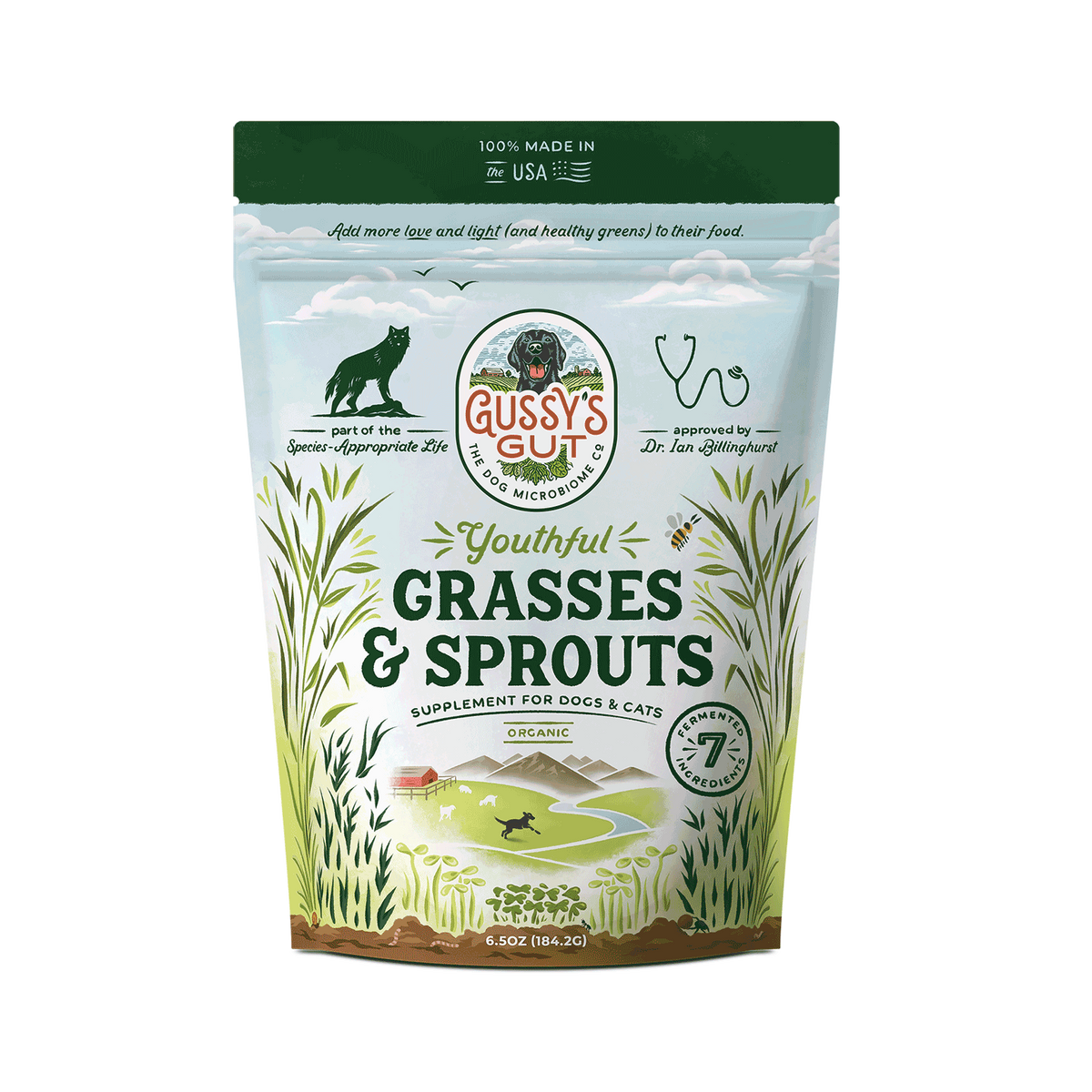 Gussy's Gut Youthful Grasses & Sprouts pet food package on a white background