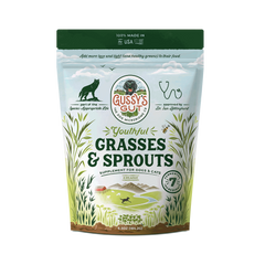 Gussy's Gut Youthful Grasses & Sprouts pet food package on a white background