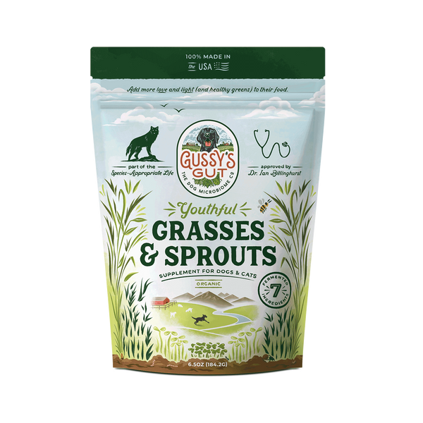 Gussy's Gut Youthful Grasses & Sprouts pet food package on a white background