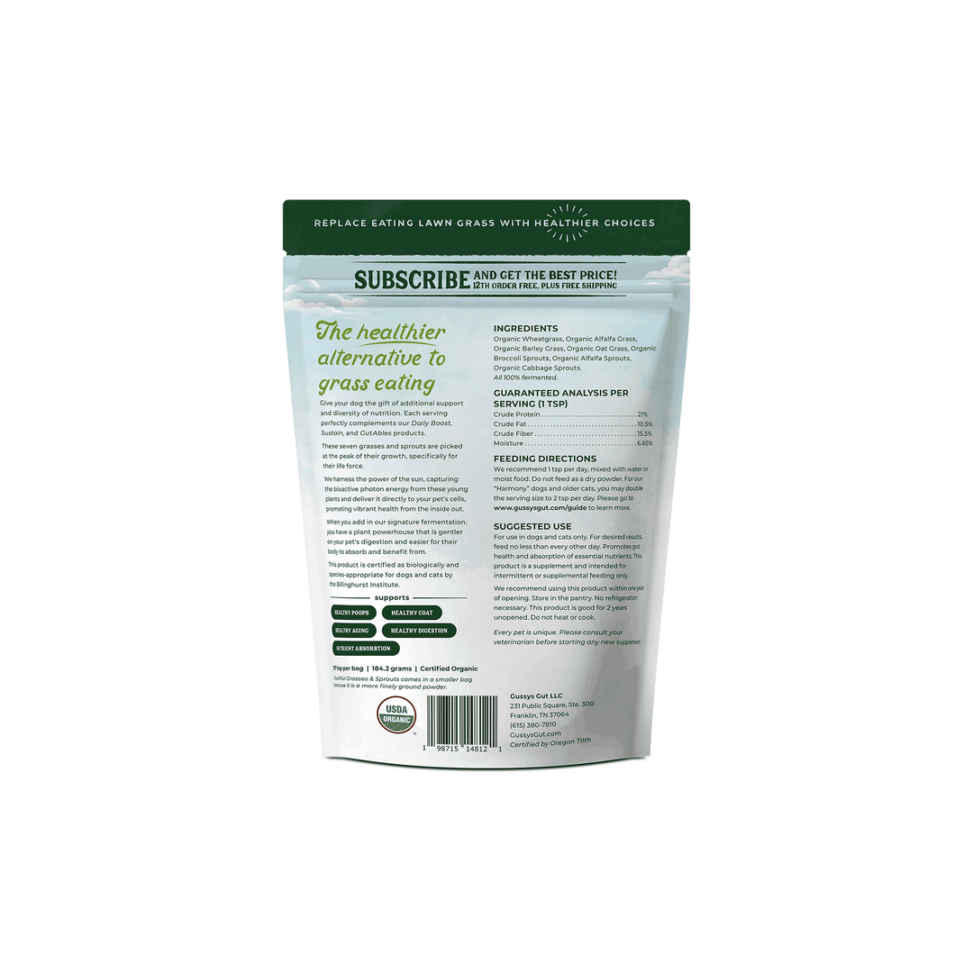 Package of pet food with green and white design on a white background