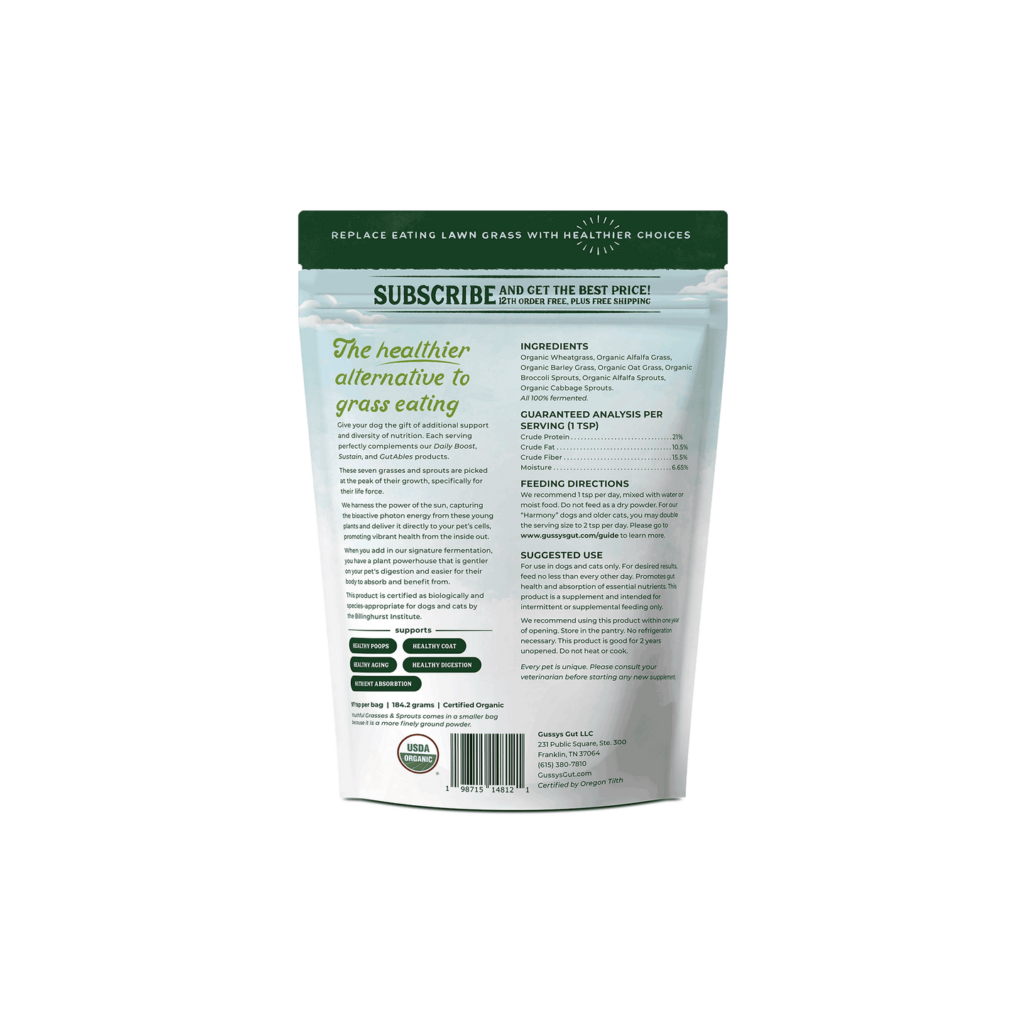 Package of pet food with green and white design on a white background