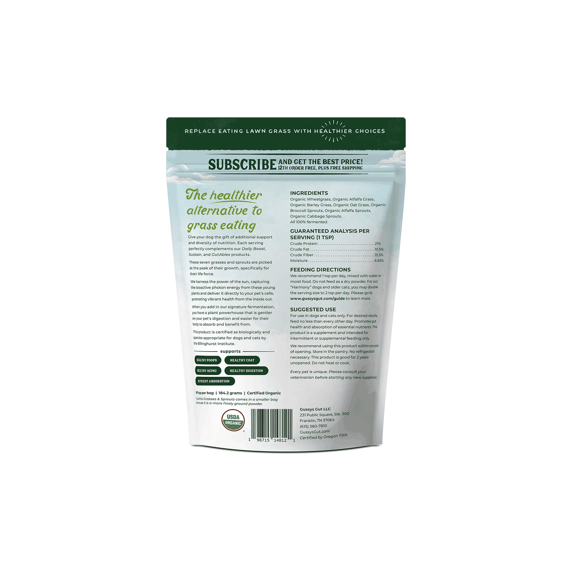 Package of pet food with green and white design on a white background