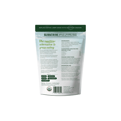 Package of pet food with green and white design on a white background