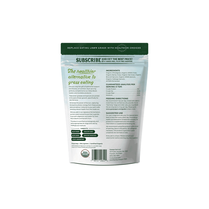 Package of pet food with green and white design on a white background