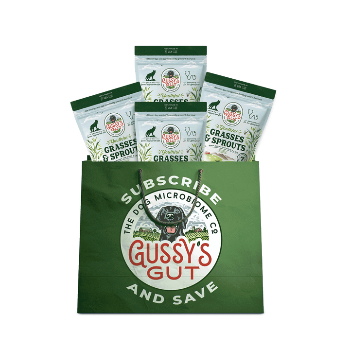 Green Gussy's Gut shopping bag with four packages of pet food on a white background