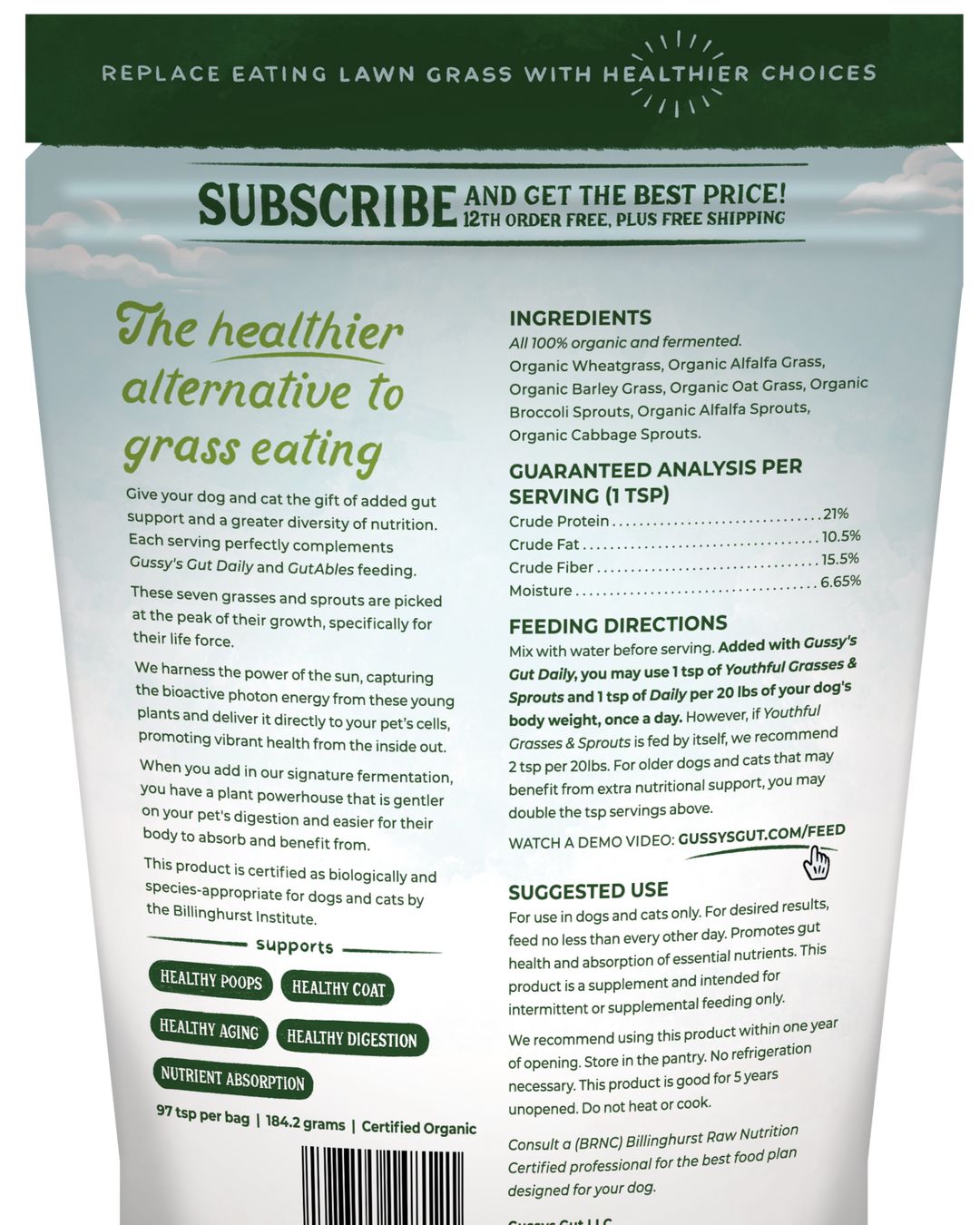 Organic fermented superfood supplement for dogs, featuring green and white packaging with ingredient list and feeding inst...