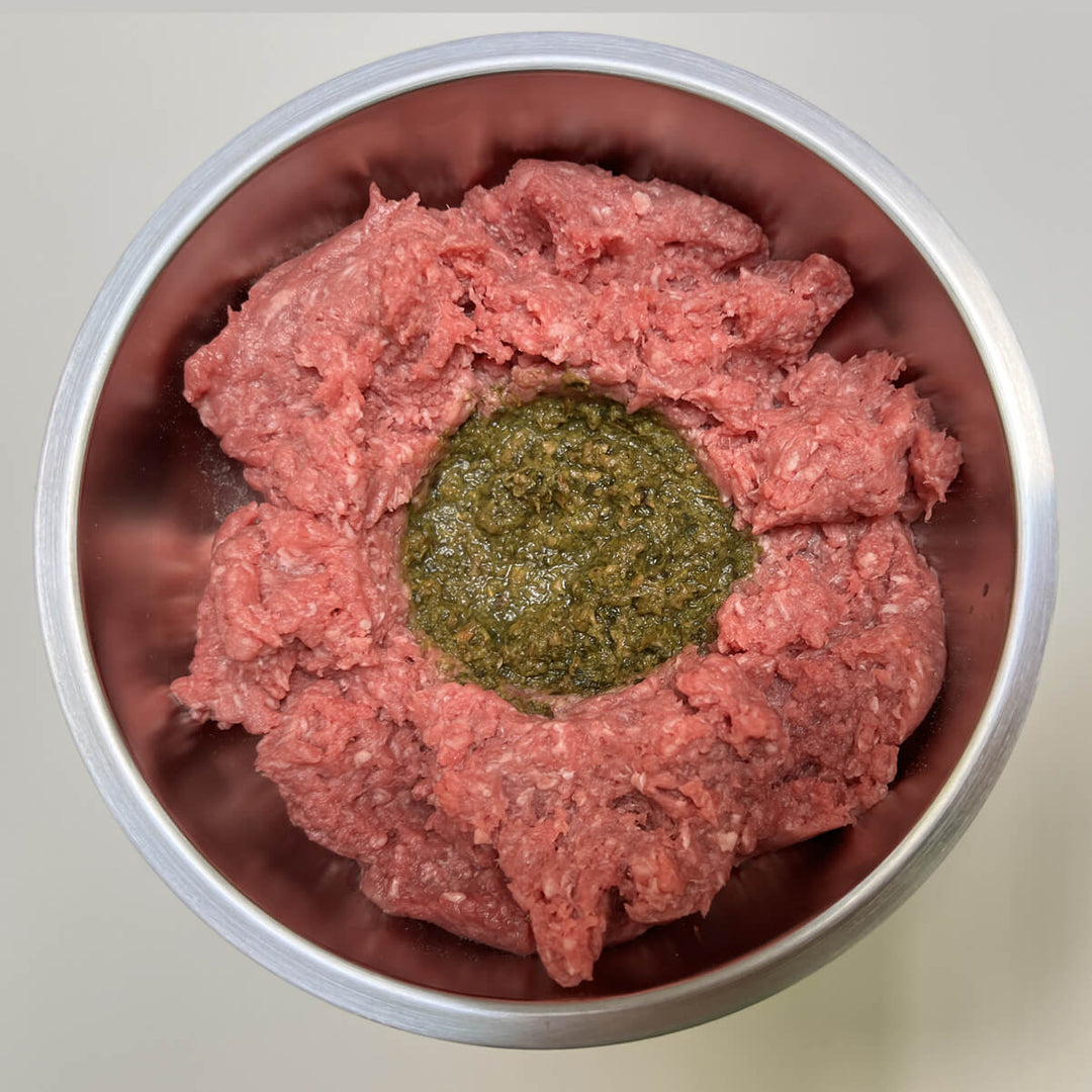 Close-up of raw, pink ground dog food topped with green fermented supplement in a stainless steel bowl.