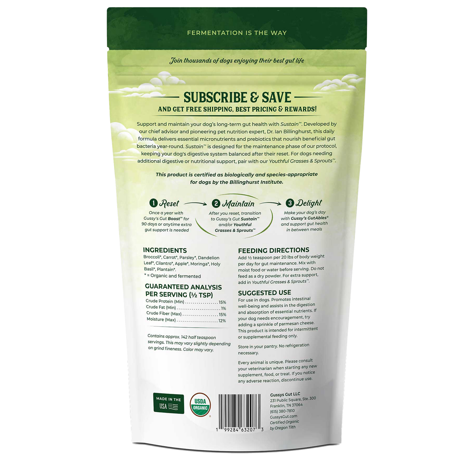 Back view of a green and white pet food packaging with text and branding.