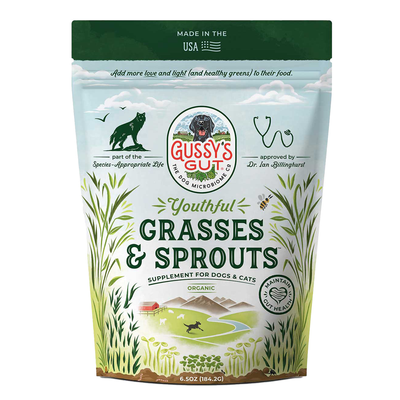 Bag of Gussy's Gut Youthful Grasses & Sprouts supplement for pets on a white background
