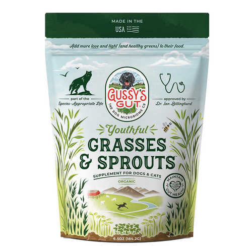 Bag of Gussy's Gut Youthful Grasses & Sprouts supplement for pets on a white background