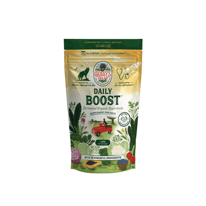 Daily Boost™ is a fermented organic superfood supplement for dogs, featuring a blend of 11 powerful ingredients.