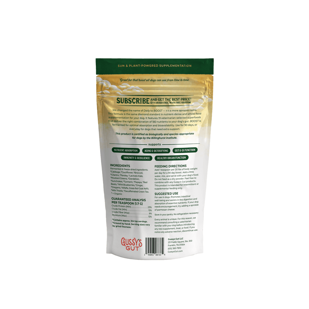 Back packaging of Gussy's Gut Daily Boost™ supplement, detailing ingredients, directions, and subscription information.