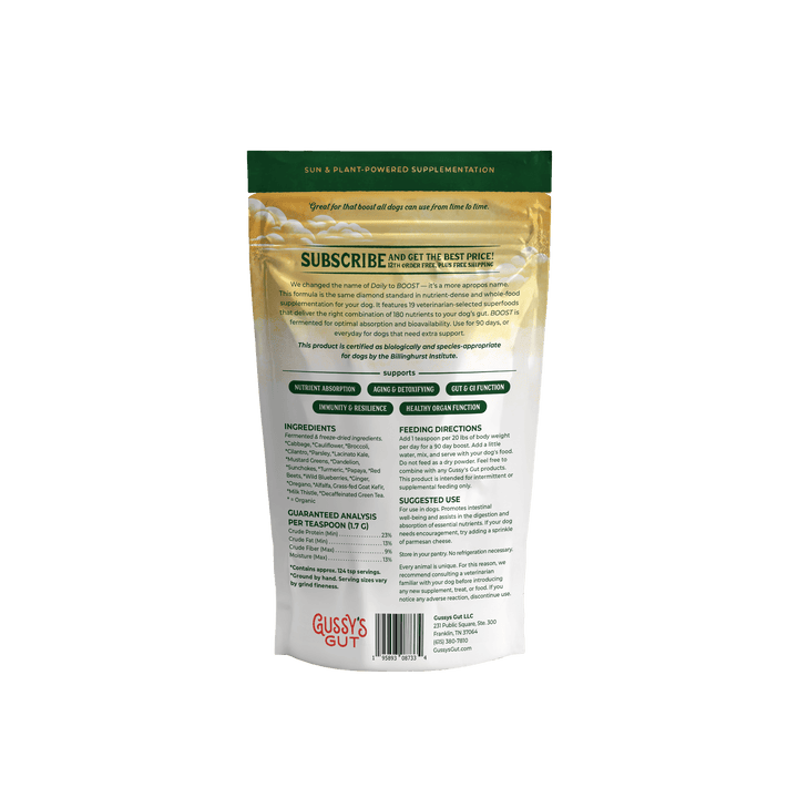 Back packaging of Gussy's Gut Daily Boost™ supplement, detailing ingredients, directions, and subscription information.