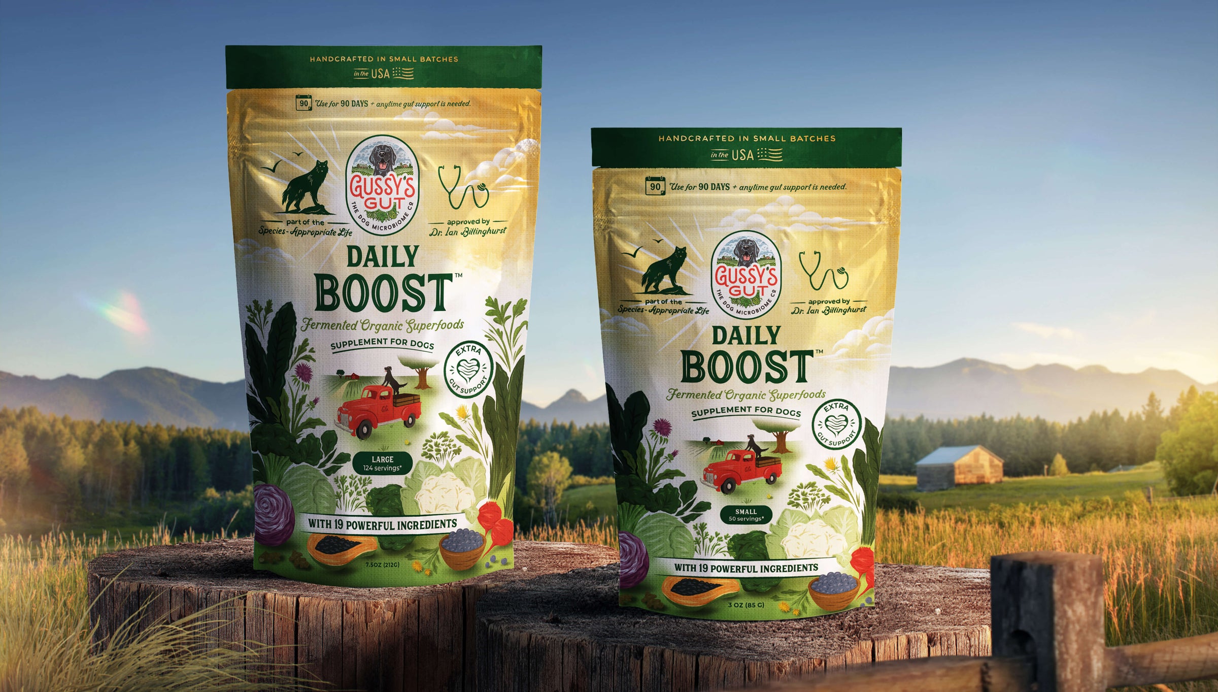 Organic fermented dog supplement pouches in green and yellow, featuring farm imagery and red trucks, for gut health support.