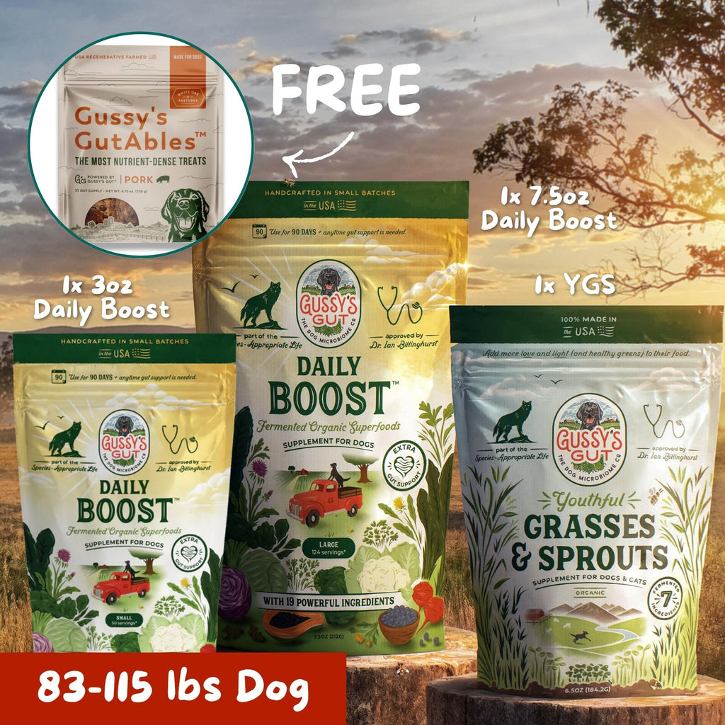Gussy's Gut Ultimate 30 Day Protocol includes Daily Boost and GutAbles for dogs 83-115 lbs, promoting gut health.