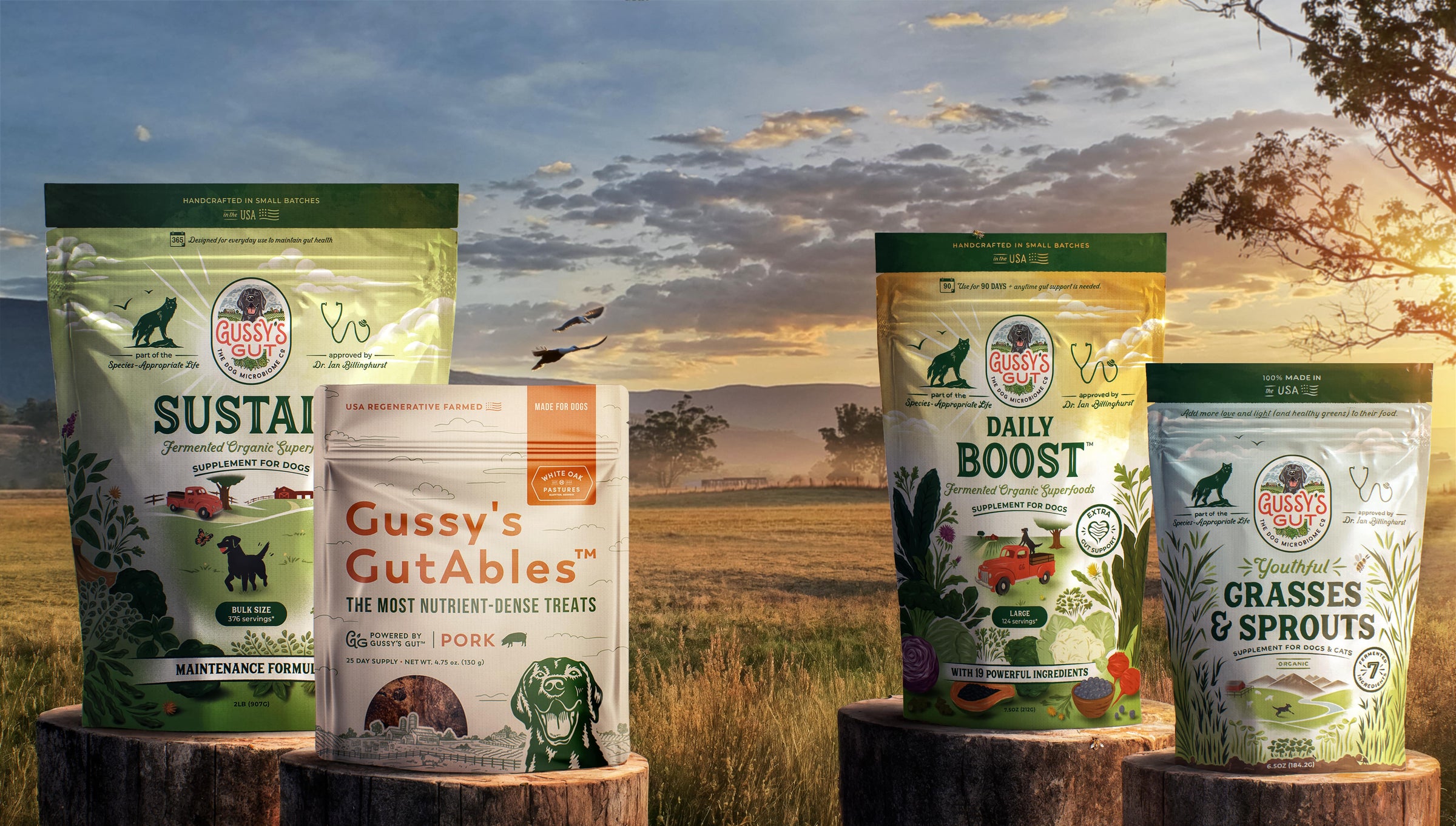 Assorted organic fermented dog supplements and treats in colorful packaging, featuring green, white, and yellow designs, s...