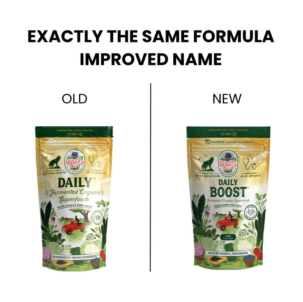 Comparison of Gussy's Gut Daily Boost packaging, showcasing the old and new names with vibrant, organic-themed designs.