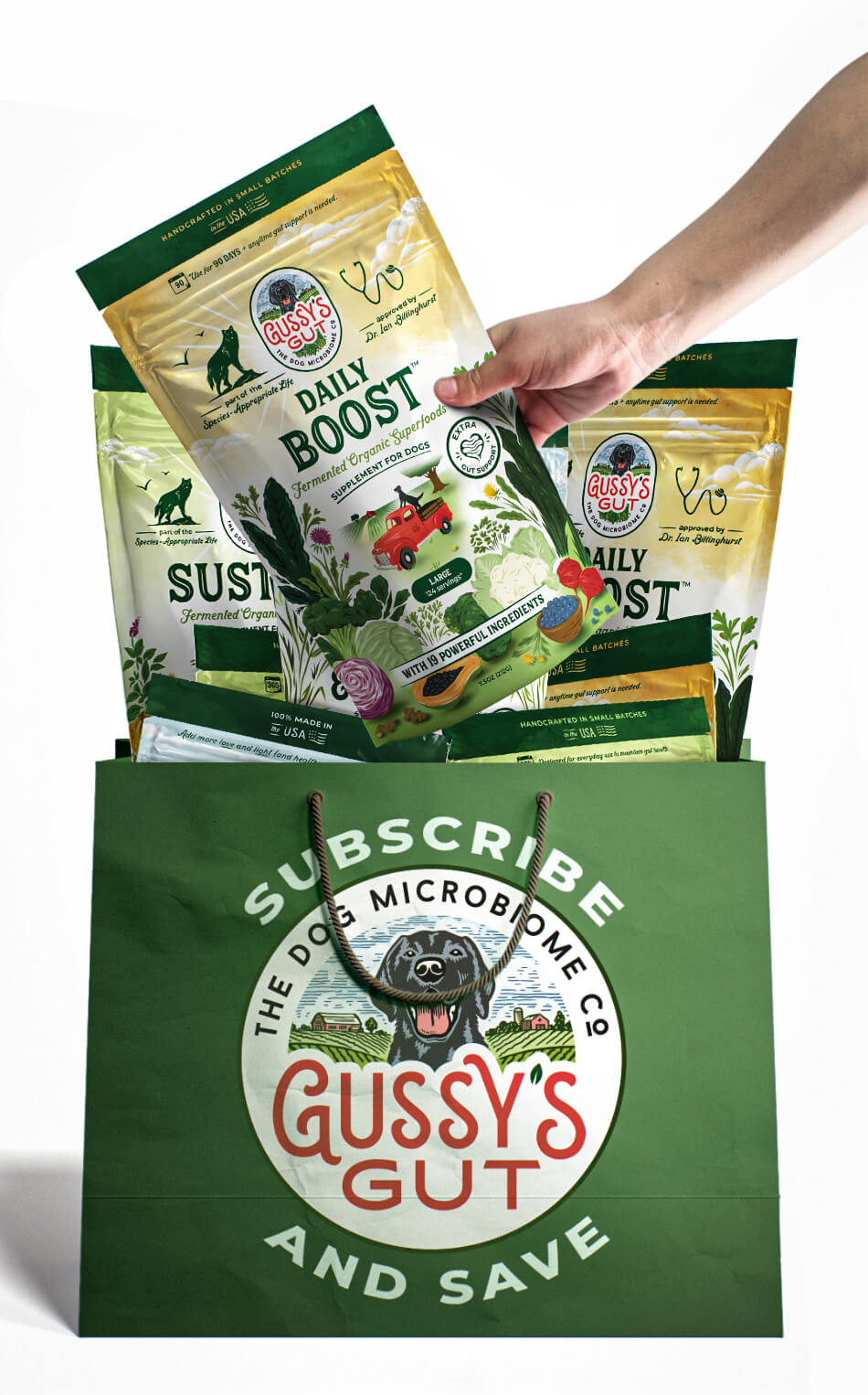 Hand holding a bag of Gussy's Gut Daily Boost supplements, surrounded by additional products in a green Gussy's Gut tote.