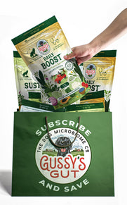 
                  
                    Hand holding a bag of Gussy's Gut Daily Boost supplements, surrounded by additional products in a green Gussy's Gut tote.
                  
                