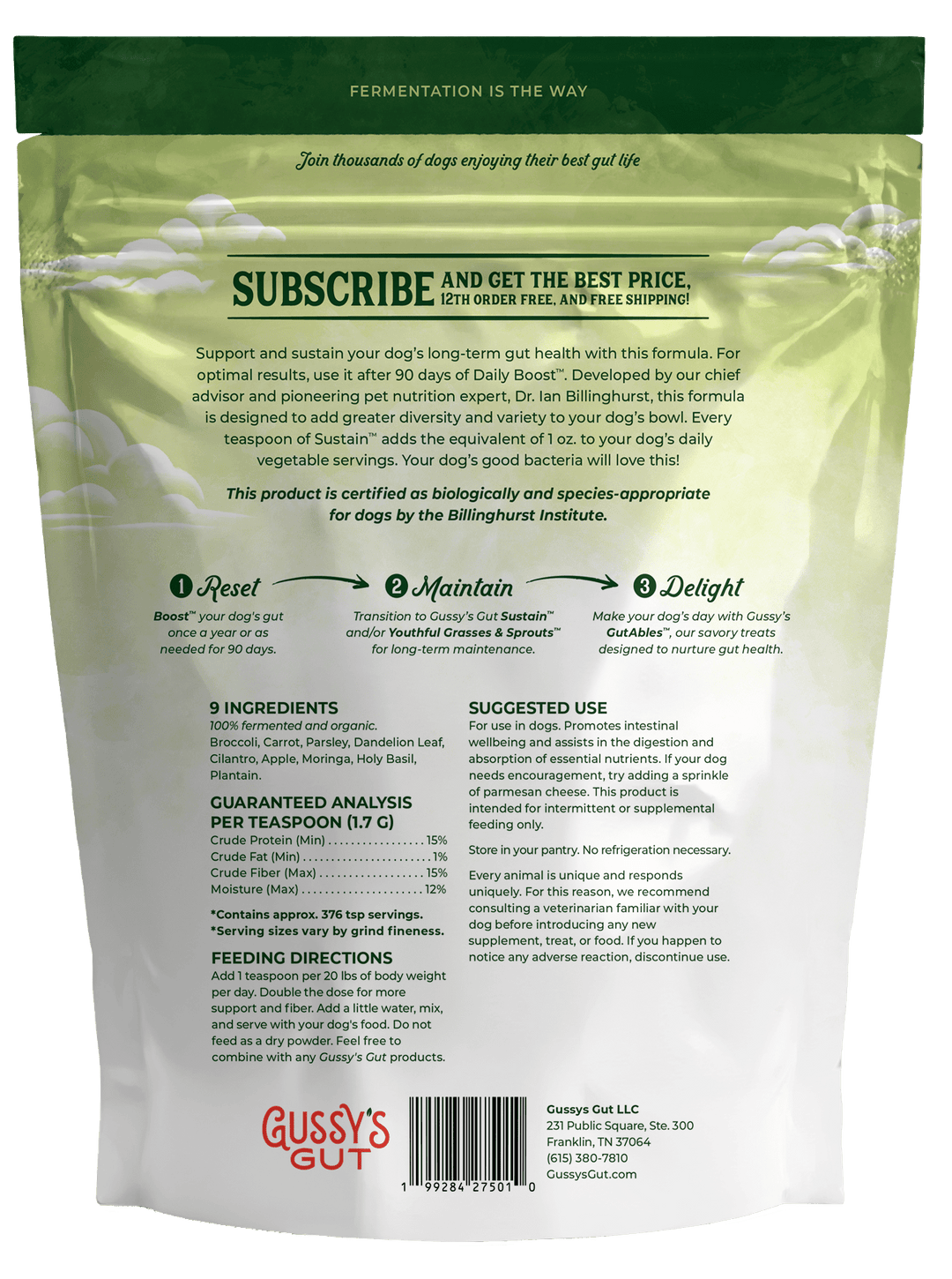 Packaging of organic fermented dog supplement with green and white design, featuring product details, ingredients, and usa...