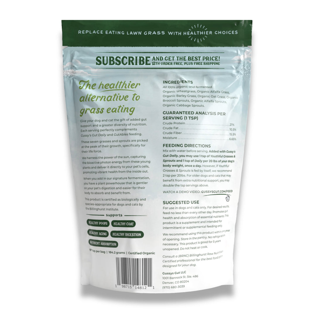 Back of a resealable bag of Youthful Grasses & Sprouts pet supplement, featuring ingredients, feeding directions, and benefits.