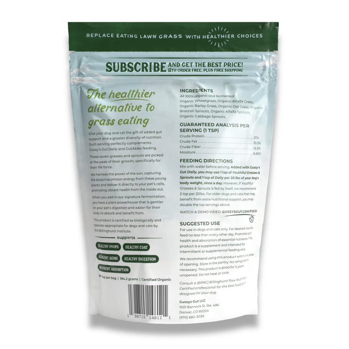 Back of a resealable bag of Youthful Grasses & Sprouts pet supplement, featuring ingredients, feeding directions, and benefits.