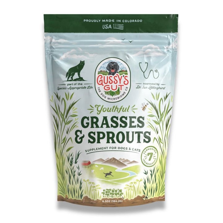 Bag of Gussy's Gut Youthful Grasses & Sprouts supplement for dogs and cats, featuring nutrient-dense ingredients and prebiotics.