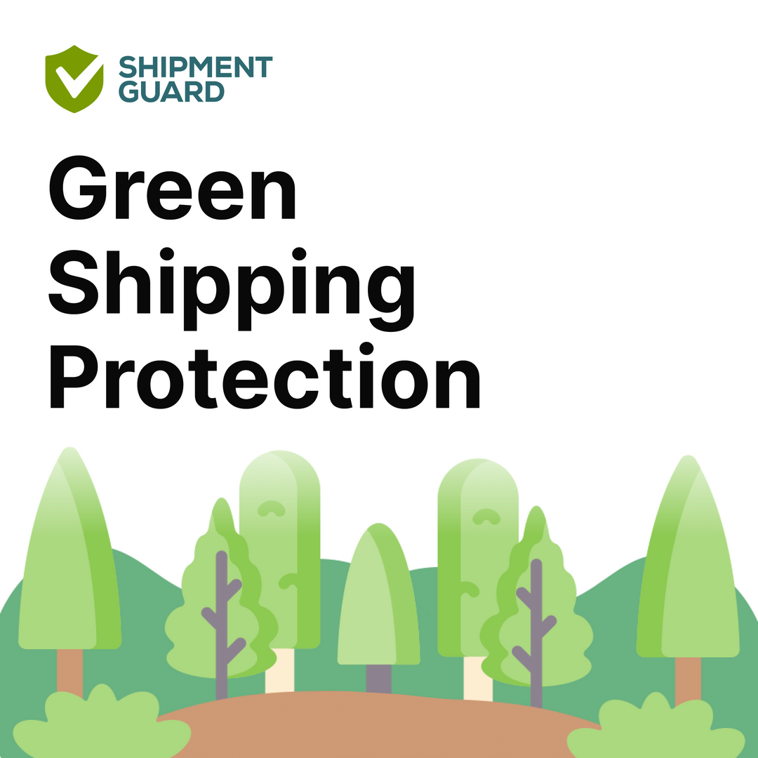 Green Shipping Protection by Shipment Guard with a nature-themed background of trees and hills.