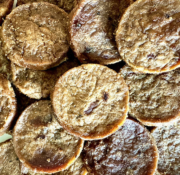 Close-up of round, brown organic fermented dog treats with a textured surface, highlighting wellness and gut health benefits.